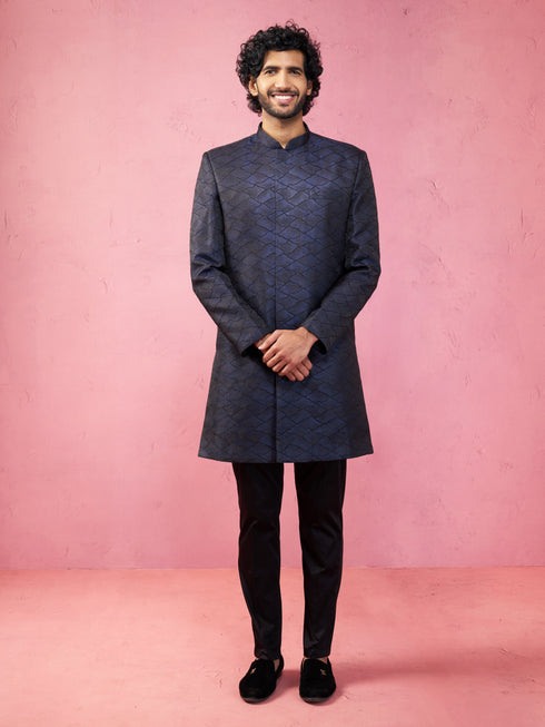 Men's Navy Blue Silk Blend Indowestern And Pant Set